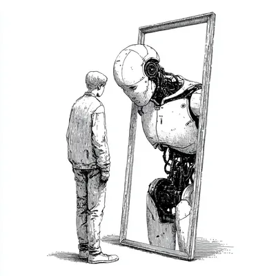 a mirror of a human looking at itself but the mirror reflection is a robot, minimal, minimalist black and white editoria