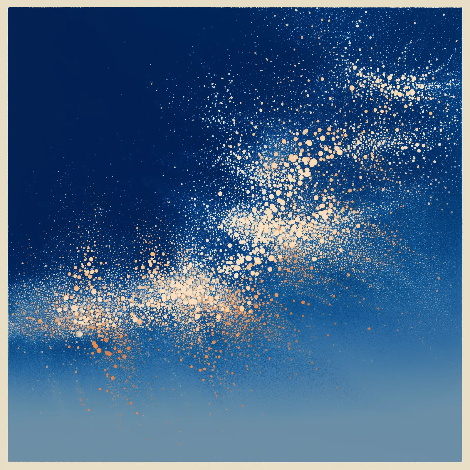 Abstract organic halftone constellation, dithered points of light in cream glowing within blue gradients, organic cluste