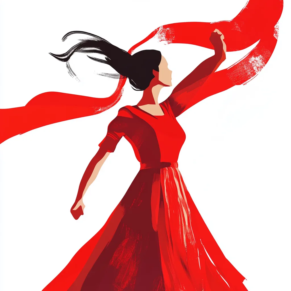 women in red dress, revolution, illustration, simple shapes, white background
