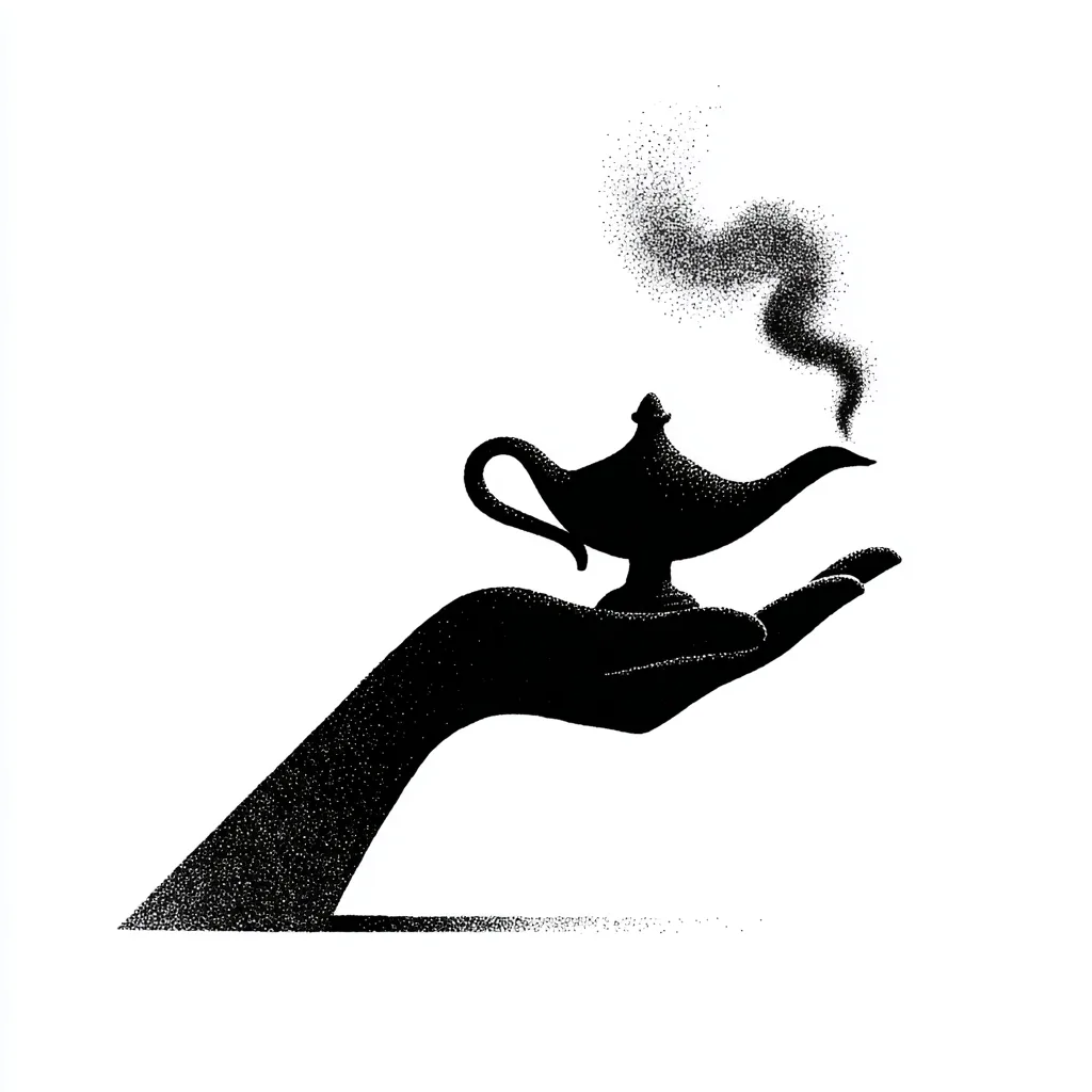 hand rubbing a genie lamp with smoke coming out of spout, minimalist black and white editorial illustration, bold flat s