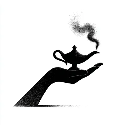 hand rubbing a genie lamp with smoke coming out of spout, minimalist black and white editorial illustration, bold flat s