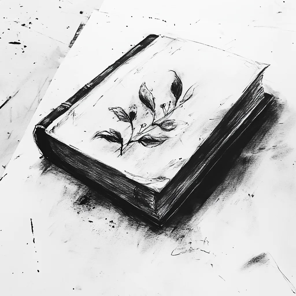 black and white vine charcoal sketch of a book, simple shapes