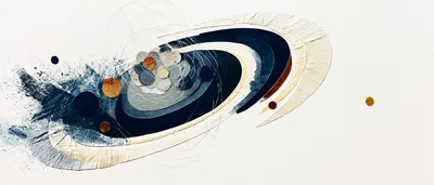 abstract cut-paper collage on a pure white background: an abstract composition loosely suggesting an atom without depict