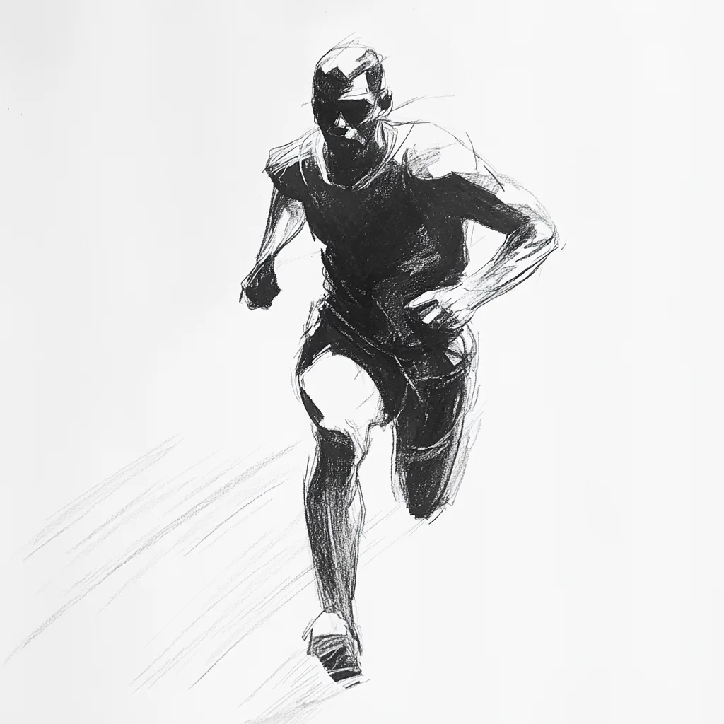 black and white vine charcoal sketch of a runner, simple shapes