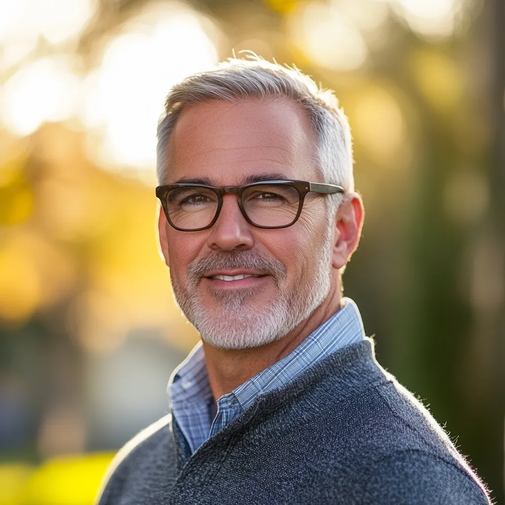 portrait, 54-year-old man, financial analyst, suburban resident, enjoys golfing, watches news daily, prefers in-store sh