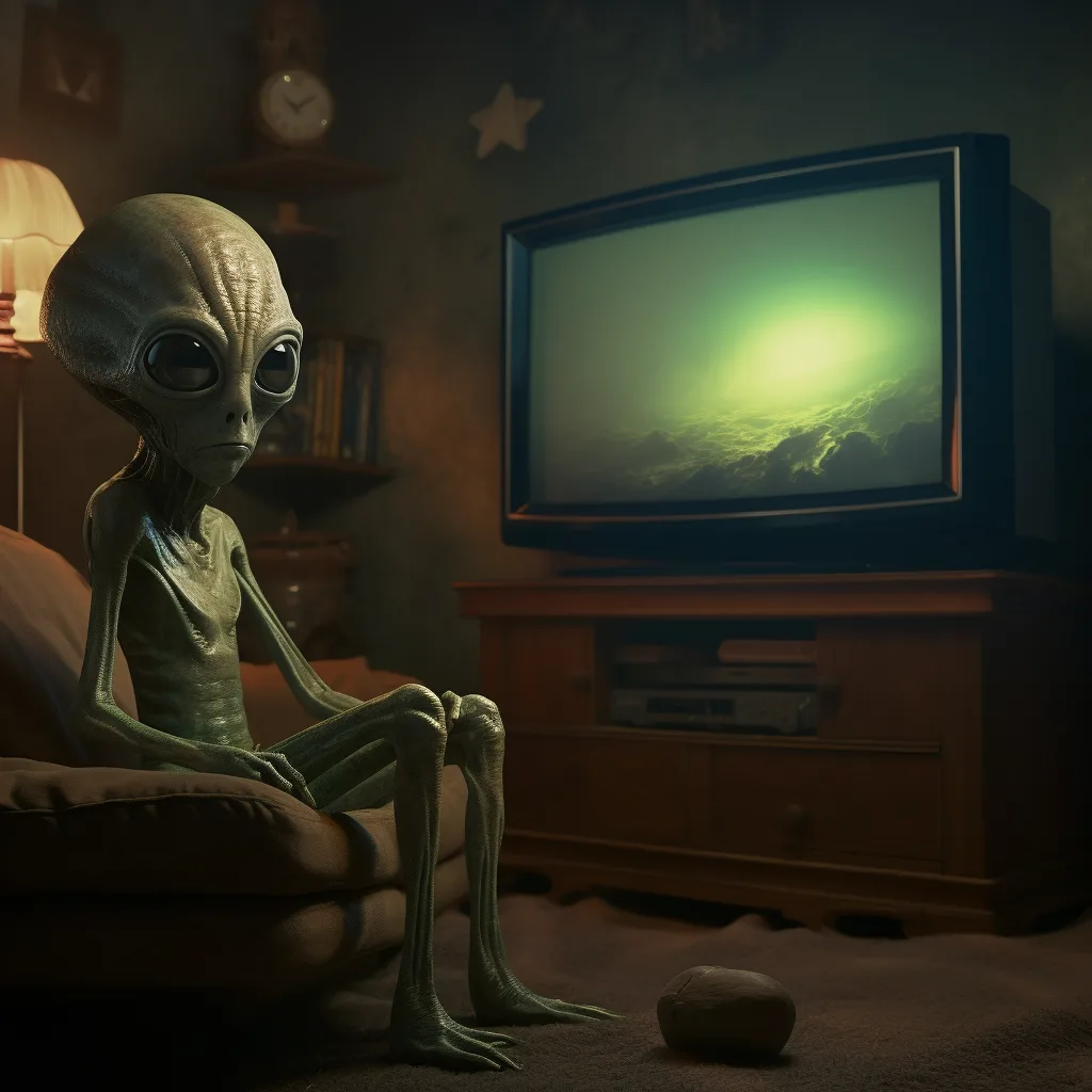 alien watching television in a living room --upbeta