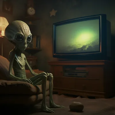 alien watching television in a living room --upbeta