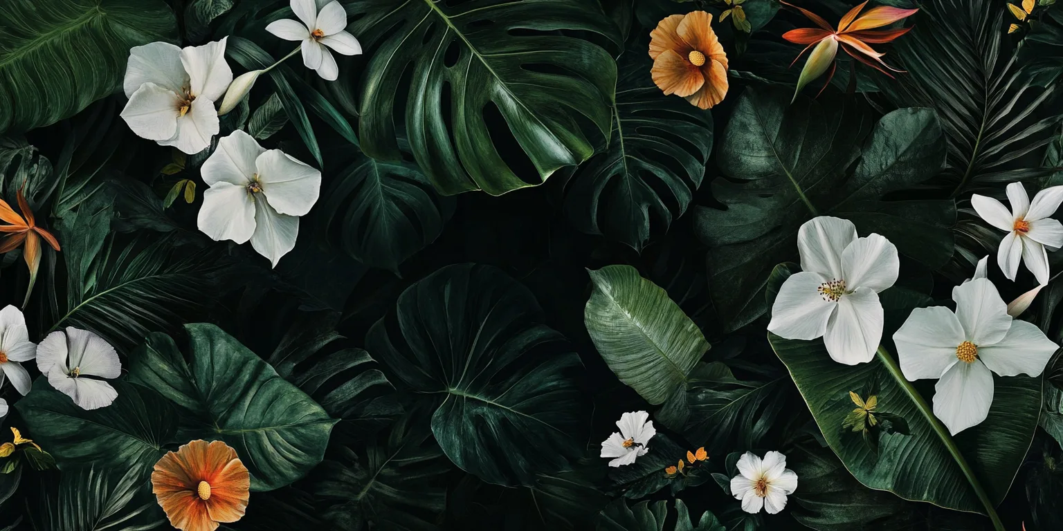 dark and tropical wallpaper with white flowers, bird of paradise, California poppy flowers, monstera leaves, darker cent