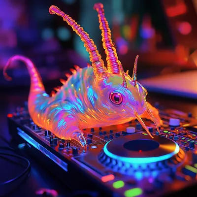 photo realistic neon colored sea slug being a DJ