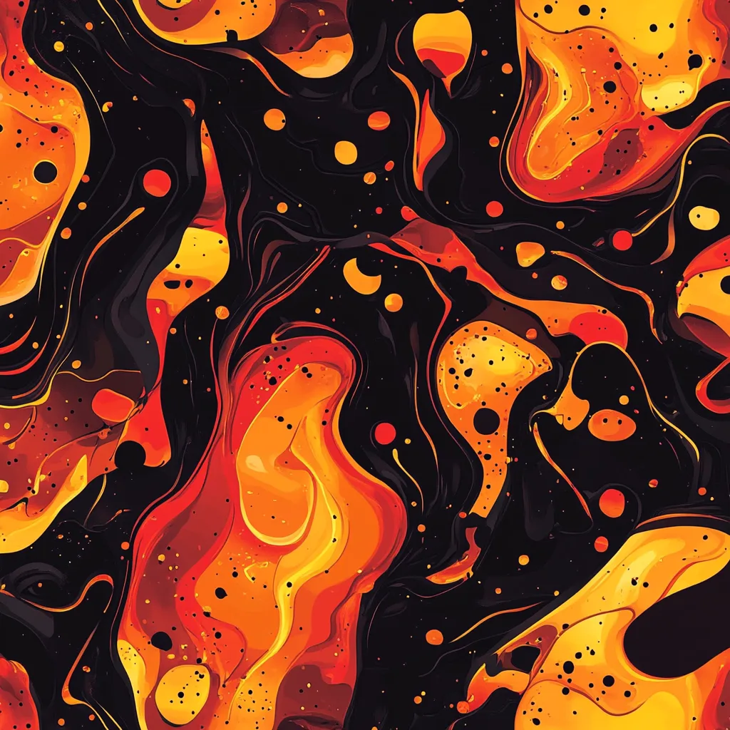 Molten abstract shapes of fiery reds, oranges, and volcanic blacks, with glowing embers scattered throughout. The design