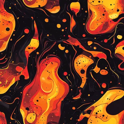 Molten abstract shapes of fiery reds, oranges, and volcanic blacks, with glowing embers scattered throughout. The design