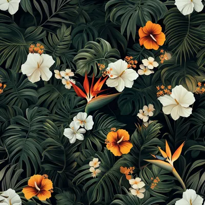 repeating pattern, dark and tropical, bird of paradise flower, white flowers, California poppy flowers, monstera leaves,