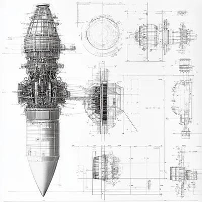 Highly detailed black and white architectural technical drawing of the Saturn V F-1 rocket engine from the Apollo progra