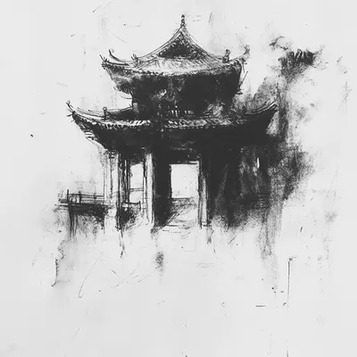 black and white vine charcoal sketch of a temple, simple shapes