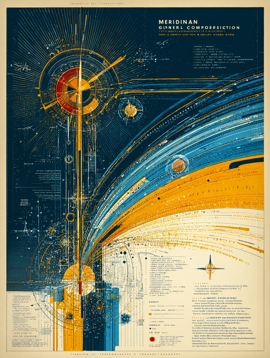 Annual report cover for "Meridian General Corporation" in the style of Erik Nitsche's 1950s General Dynamics reports. Mi