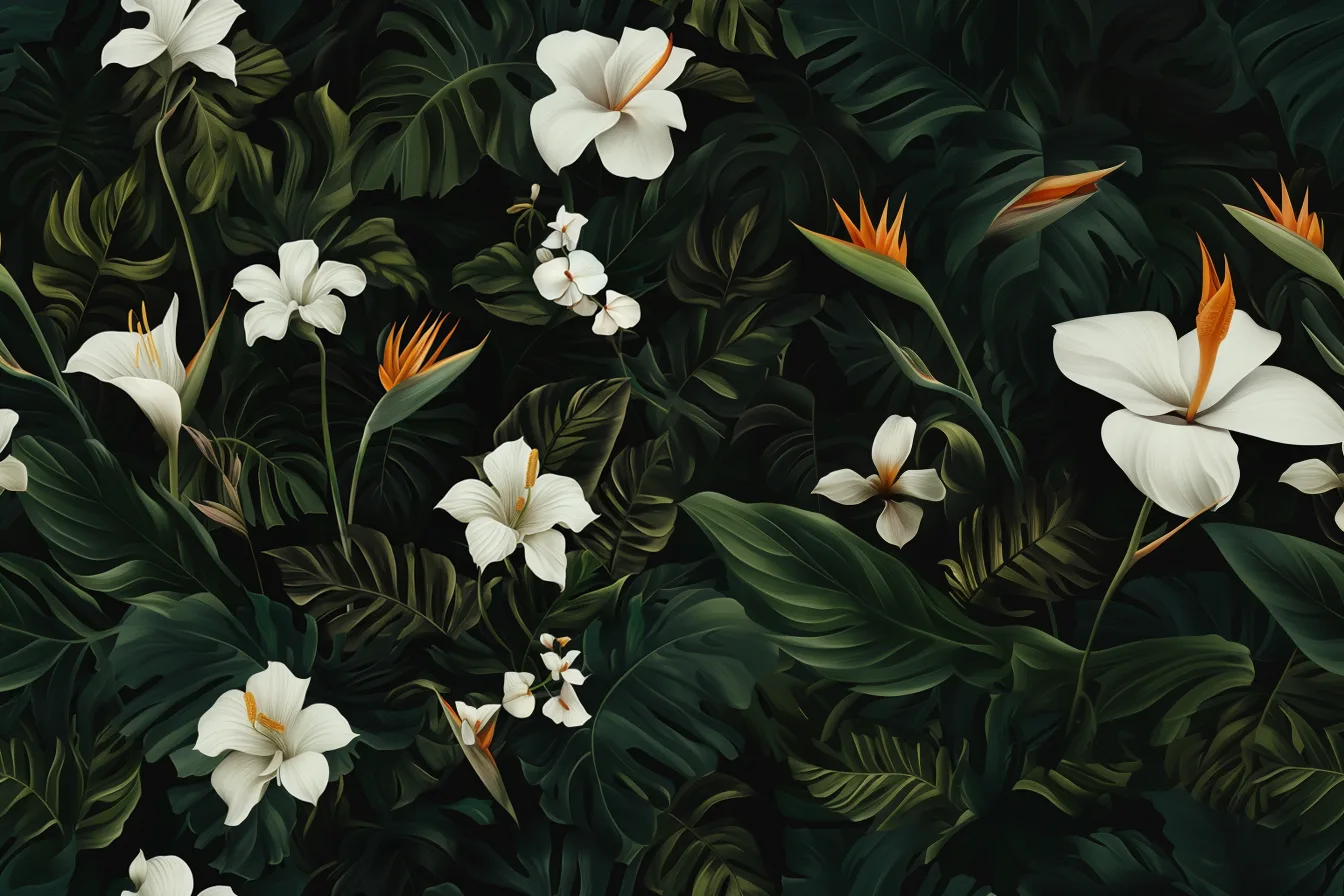 dark and tropical wallpaper with white flowers, bird of paradise, California poppies, monstera leaves --ar 3:2