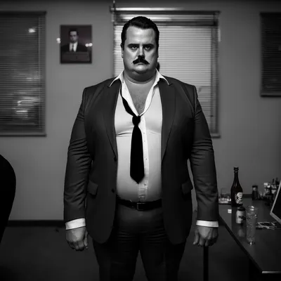 https://s.mj.run/HZ7ZUPpdXqE overweight, mofia boss, black and white photo, evil, --v 4