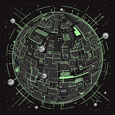 simple black-and-white-and-green illustration, Death Star architecture metaphor, vast sprawling interconnected microserv