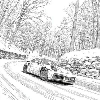 vintage automotive technical drawing style, simplified black ink line art, 2019 Porsche 911 Turbo S driving through a ge