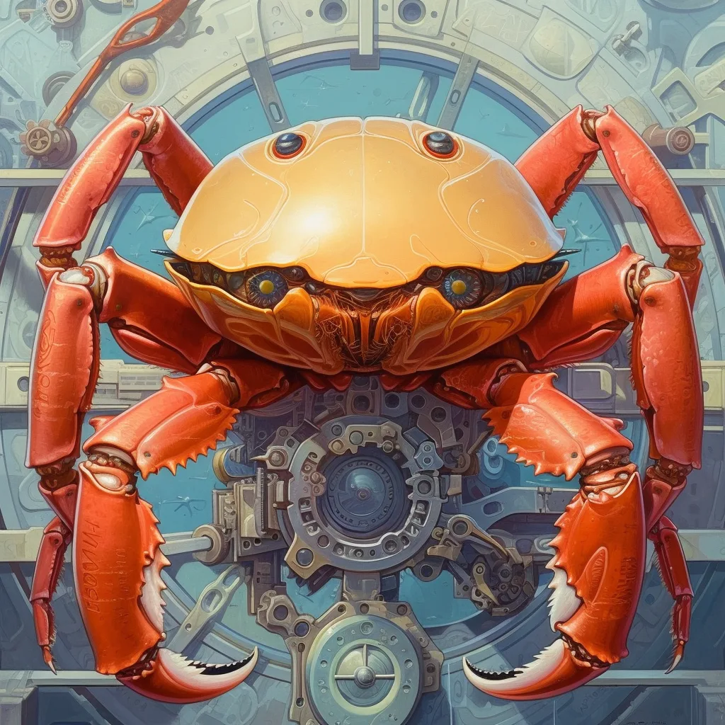 portrait of a crab that is detail-oriented, meticulous, collaborative, persistent, problem-solver, diligent, adaptable,