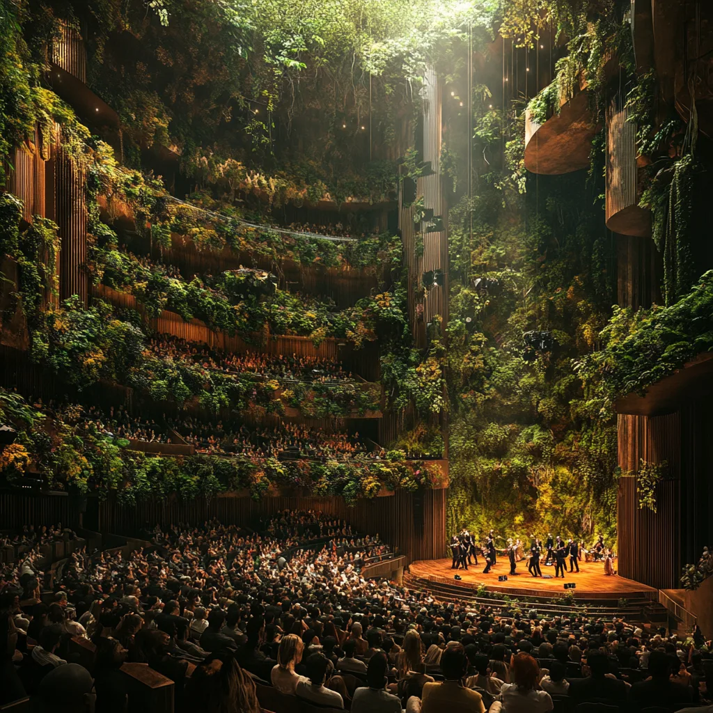An entirely full theater transformed into a lush, green environment, with vibrant greenery like ferns, vines, and moss c