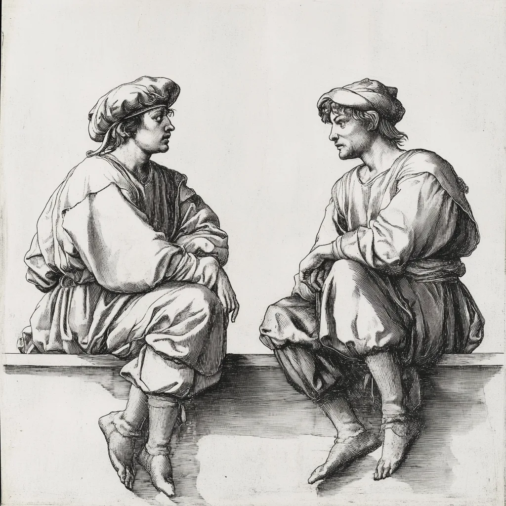 Two figures seated side by side, depicted in a hard-point etching style with a clean white background. They lean slightl