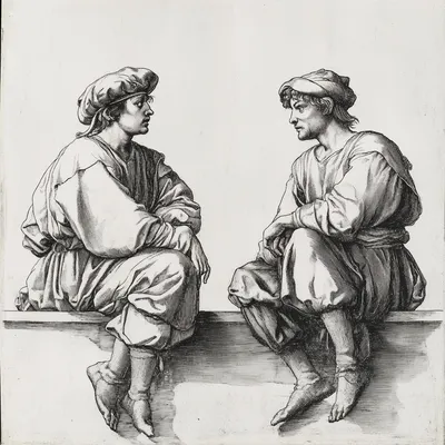 Two figures seated side by side, depicted in a hard-point etching style with a clean white background. They lean slightl