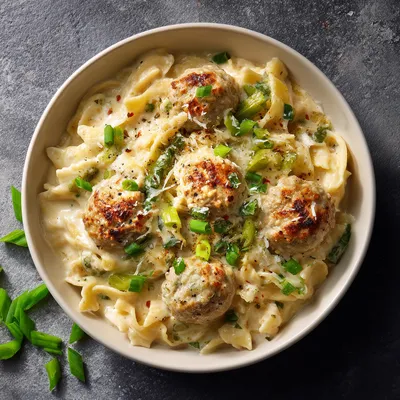 Creamy Turkey Meatball Pasta Rich A2 cream sauce with turkey meatballs, garden green onions, and parm. Born from giant b