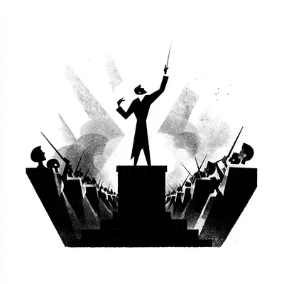 abstract conductor on a podium, baton raised, orchestra behind them... but the audience seats are empty, minimalist blac