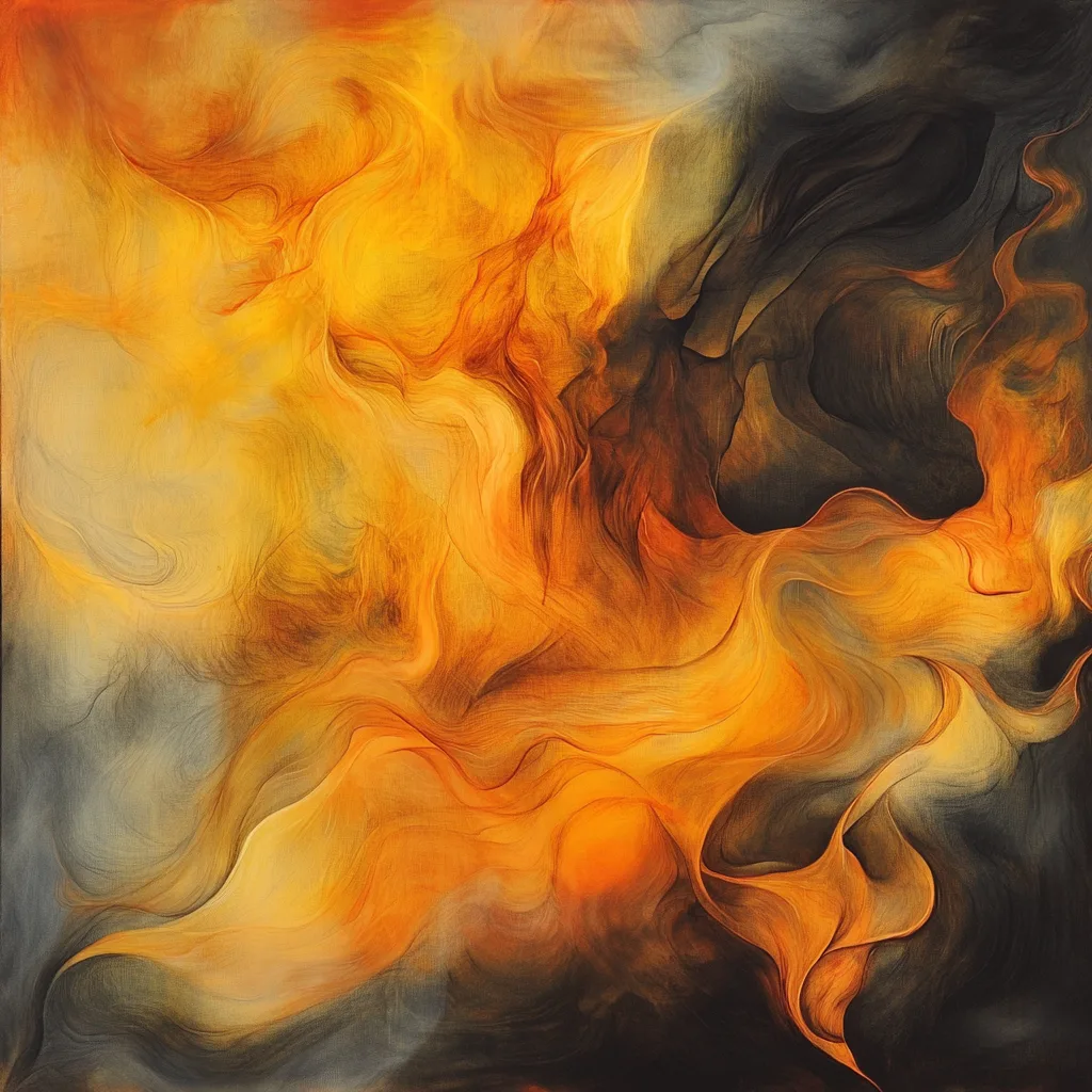 Dynamic forms of smoky tendrils and fiery orange-yellow bursts, evoking the energy and chaos of fire. The background is