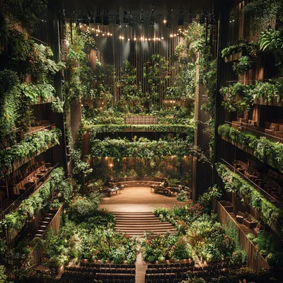 A breathtaking bird’s-eye view of a full theater, where greenery seamlessly integrates into every aspect of the venue. T