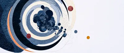 cut-paper collage on a pure white background: an abstract composition loosely suggesting an atom without depicting one l