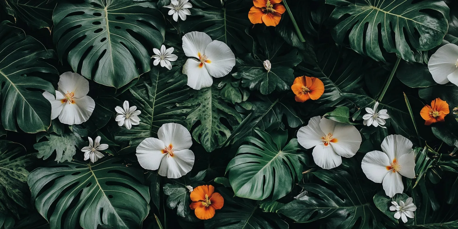 dark and tropical wallpaper with white flowers, bird of paradise, California poppy flowers, monstera leaves, darker cent