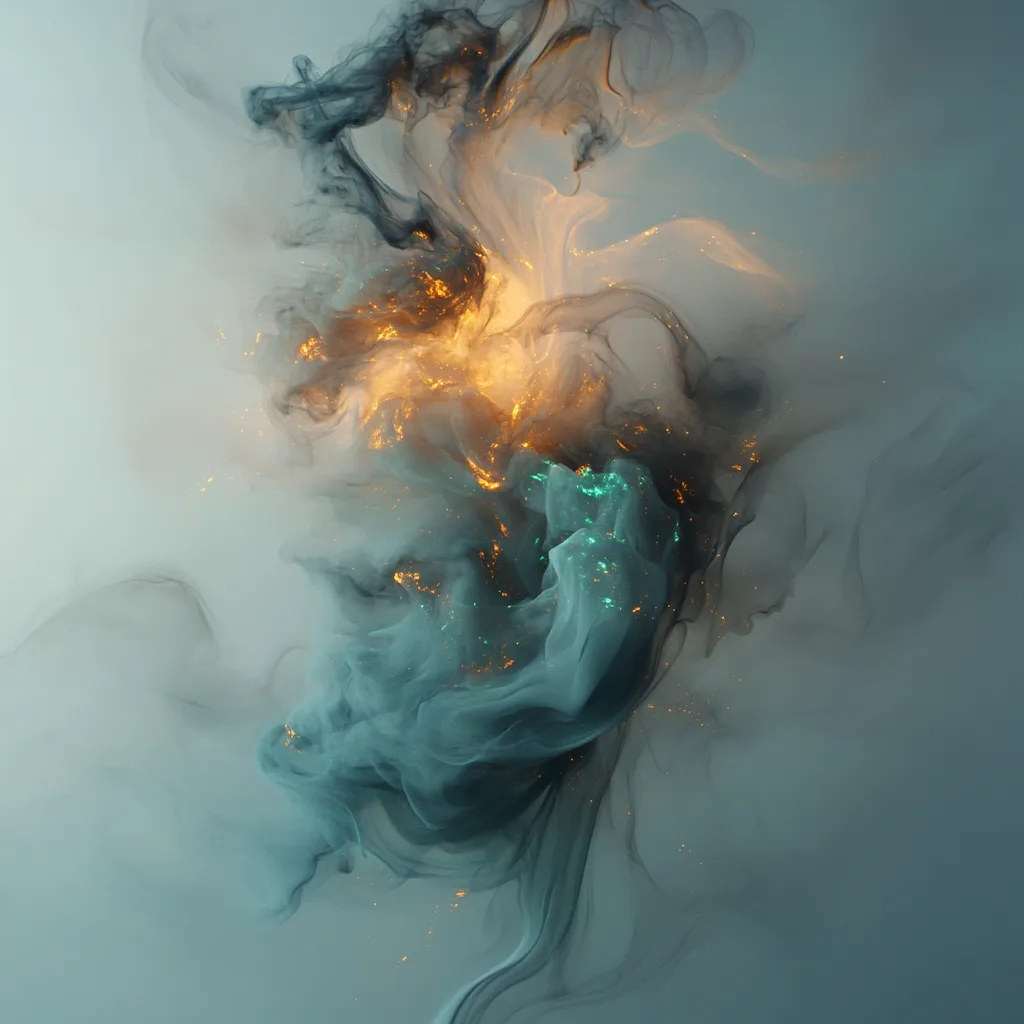 Completely abstract, floating form with dark, undefined contours and a swirling inner glow of soft blue, emerald, and go