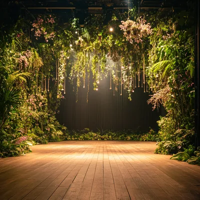 A grand theater stage transformed into a lush, botanical masterpiece. The wooden stage floor is lined with creeping ivy 