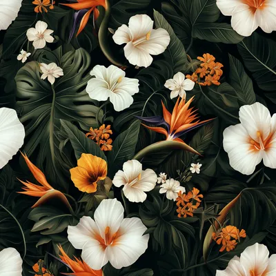 repeating pattern, dark and tropical, bird of paradise flower, white flowers, California poppy flowers, monstera leaves