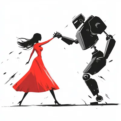 women in red dress fighting robot, revolution, illustration, simple shapes, white background