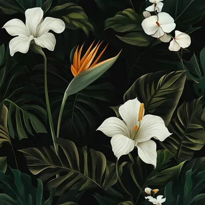 dark and tropical wallpaper with white flowers, bird of paradise, California poppies, monstera leaves