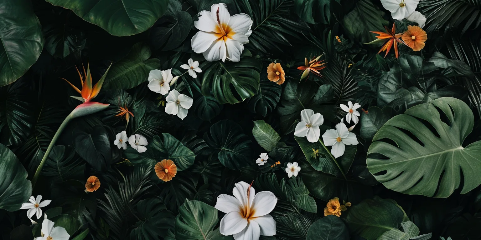 dark and tropical wallpaper with white flowers, bird of paradise, California poppy flowers, monstera leaves, darker cent