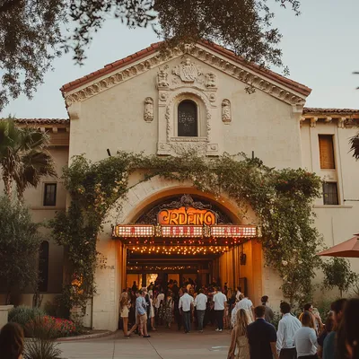 A historic theater exterior at golden hour, its grand entrance framed by creeping ivy and soft floral arrangements. The 