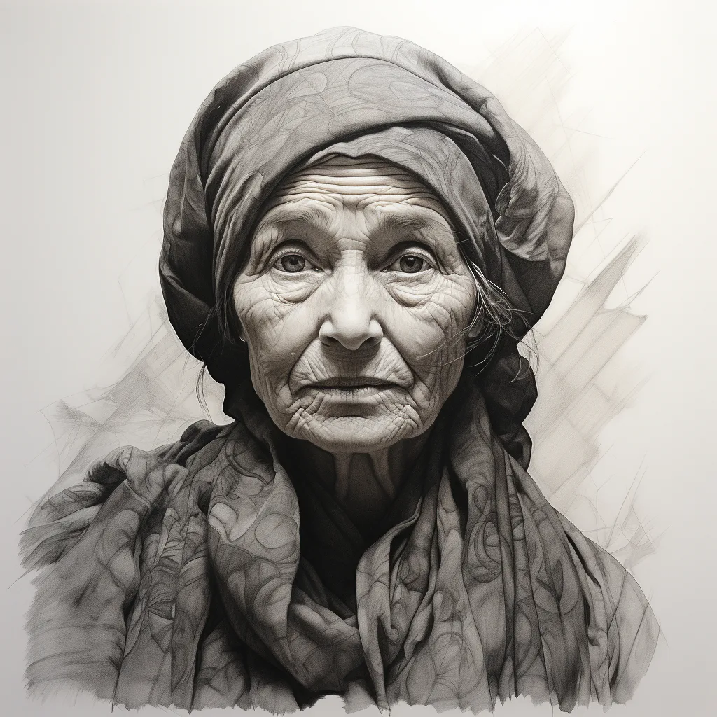 impressionist, charcoal drawing, portrait, old woman, simple shapes, lines, black and white --s 250