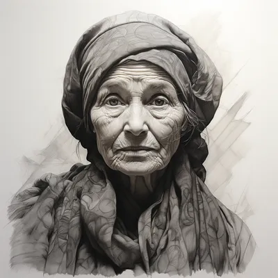 impressionist, charcoal drawing, portrait, old woman, simple shapes, lines, black and white --s 250