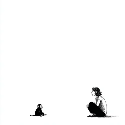 person sitting looking at a toy monkey in isolation, minimal, minimalist black and white editorial illustration, high-co