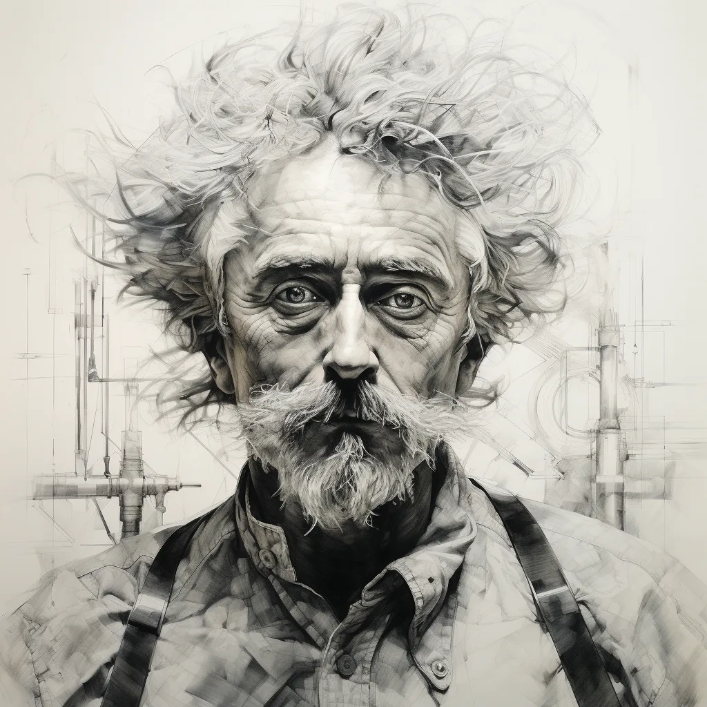 impressionist, charcoal drawing, portrait, mad scientist, simple shapes, lines, black and white --s 250