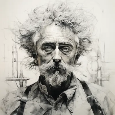 impressionist, charcoal drawing, portrait, mad scientist, simple shapes, lines, black and white --s 250