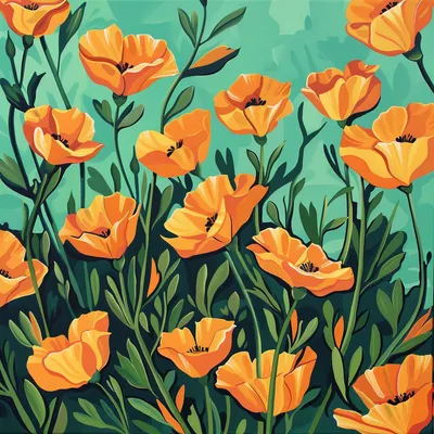 California poppy patten, growing upwards, painting, only 7 colors, green background
