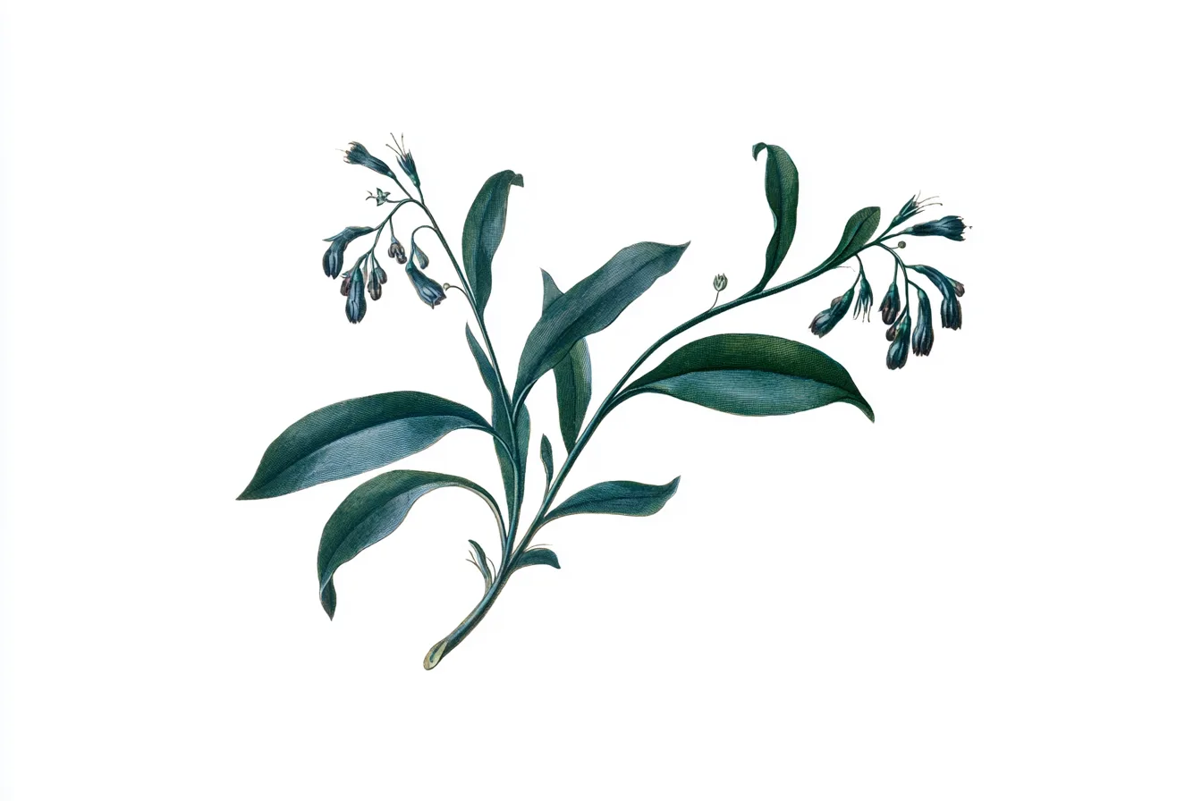 A single fictional comfrey inspired botanical specimen, rendered as a rigorous 18th century scientific copperplate study