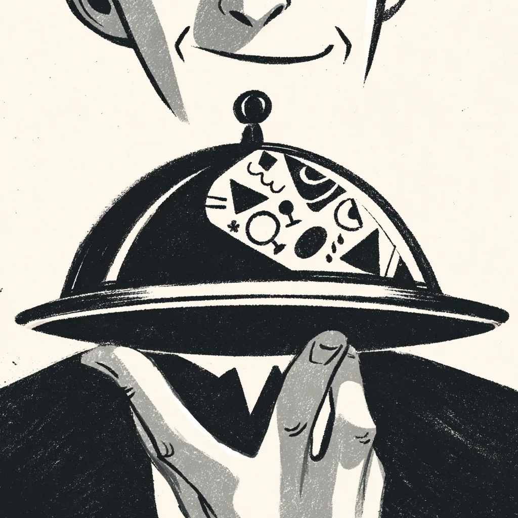 first-person POV looking up at a waiter from the diner's seat, only the lower half of the waiter's face visible at the t