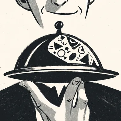 first-person POV looking up at a waiter from the diner's seat, only the lower half of the waiter's face visible at the t