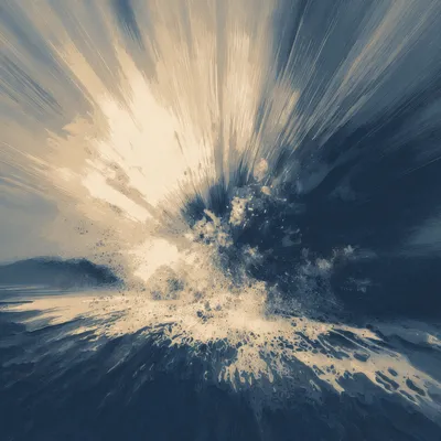 Abstract explosion of energy in an open landscape, upward burst of light and motion, halftone and heavy dithered texture